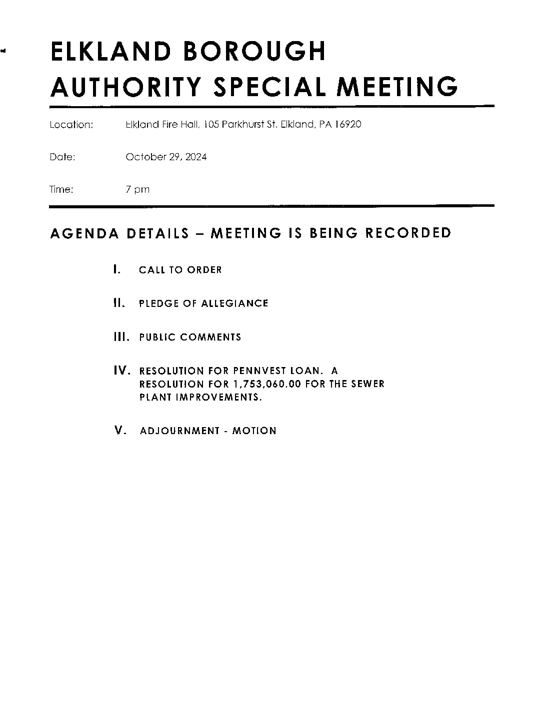 Thumbnail of the first page of 'Agenda – October 29th, 2024'